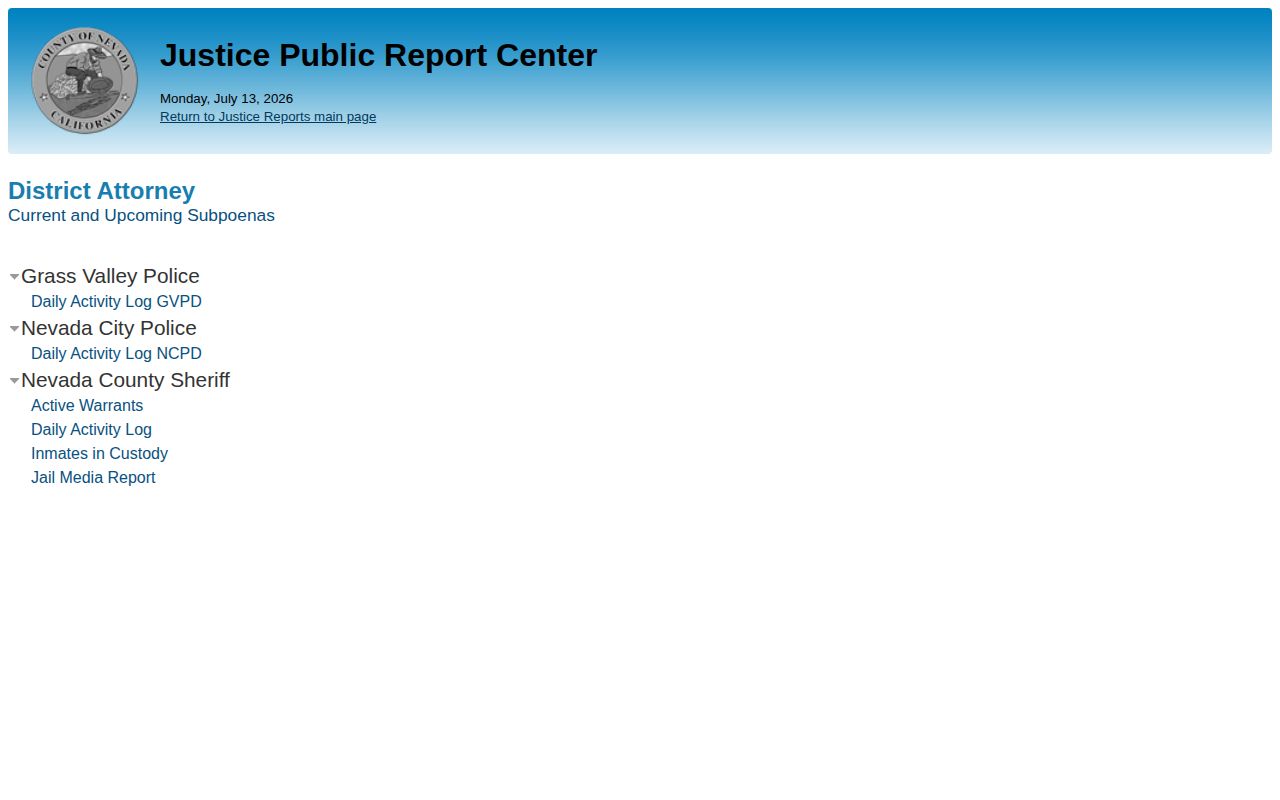 Nevada County Justice Public Report Center landing page