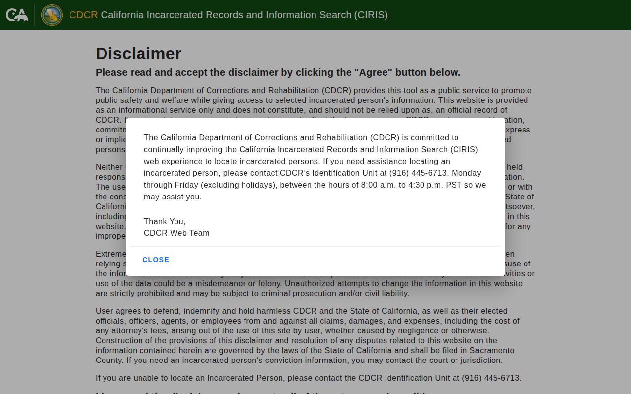 Nevada County released inmates CDCR CIRIS search screen