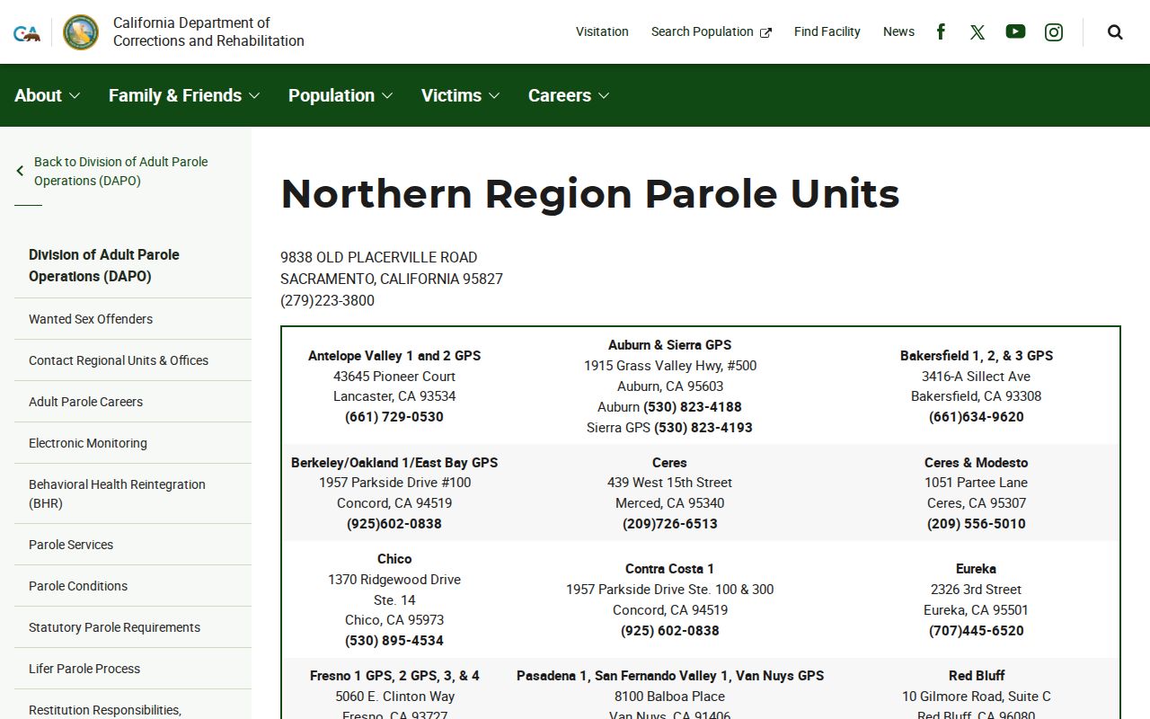 CDCR DAPO Northern Region parole directory for Nevada County post-release supervision