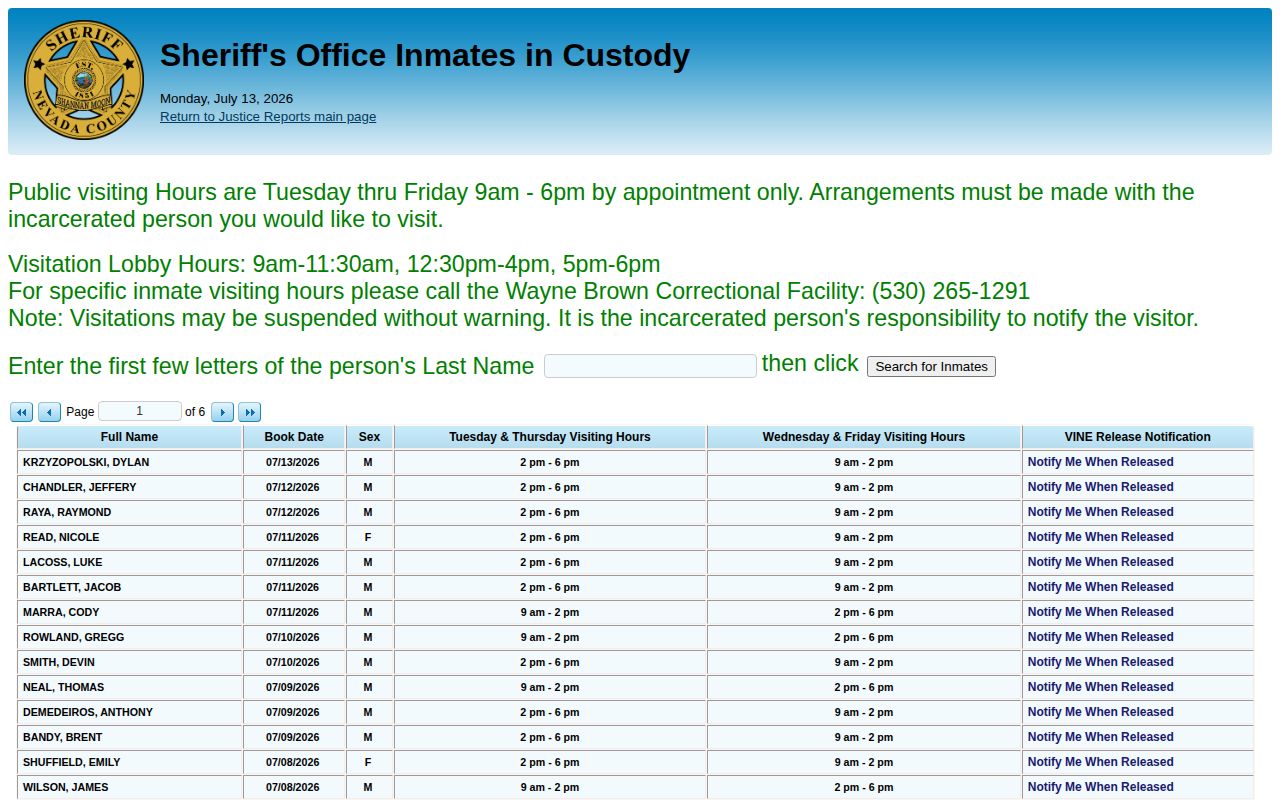 Nevada County VINE inmate check link on current custody roster