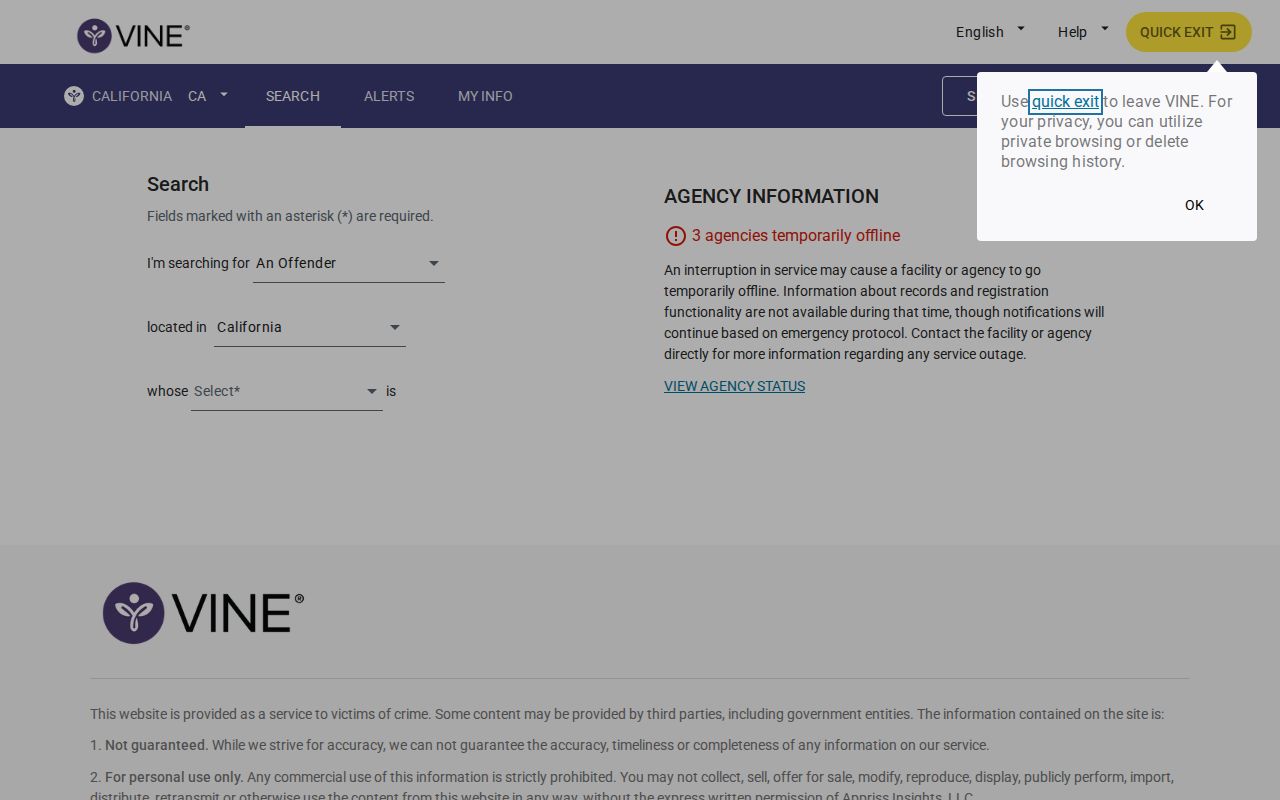 California VINE inmate search screen for Nevada County custody status